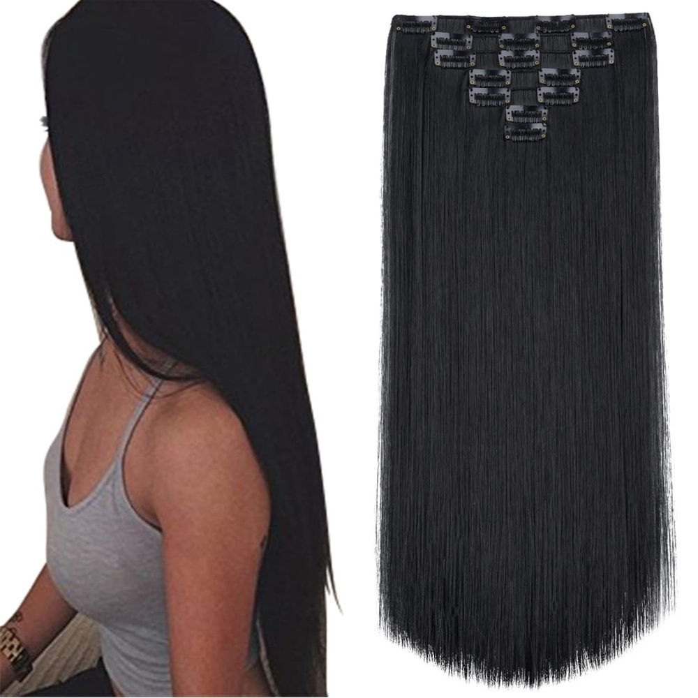 Human hair blend 22 Inch Clip in Black straight Hair Extensions